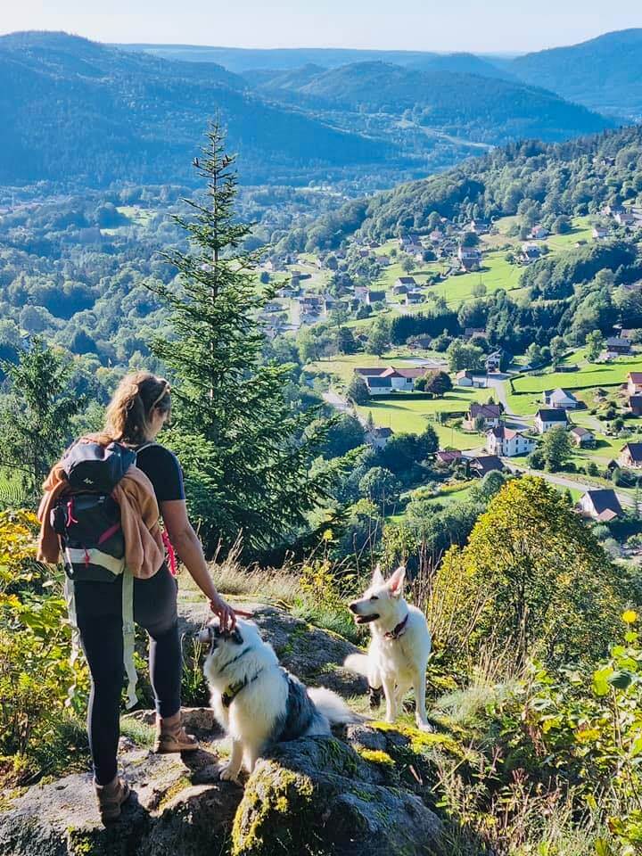 nolwenn et ses chiens, de dos, vue sur la vallée